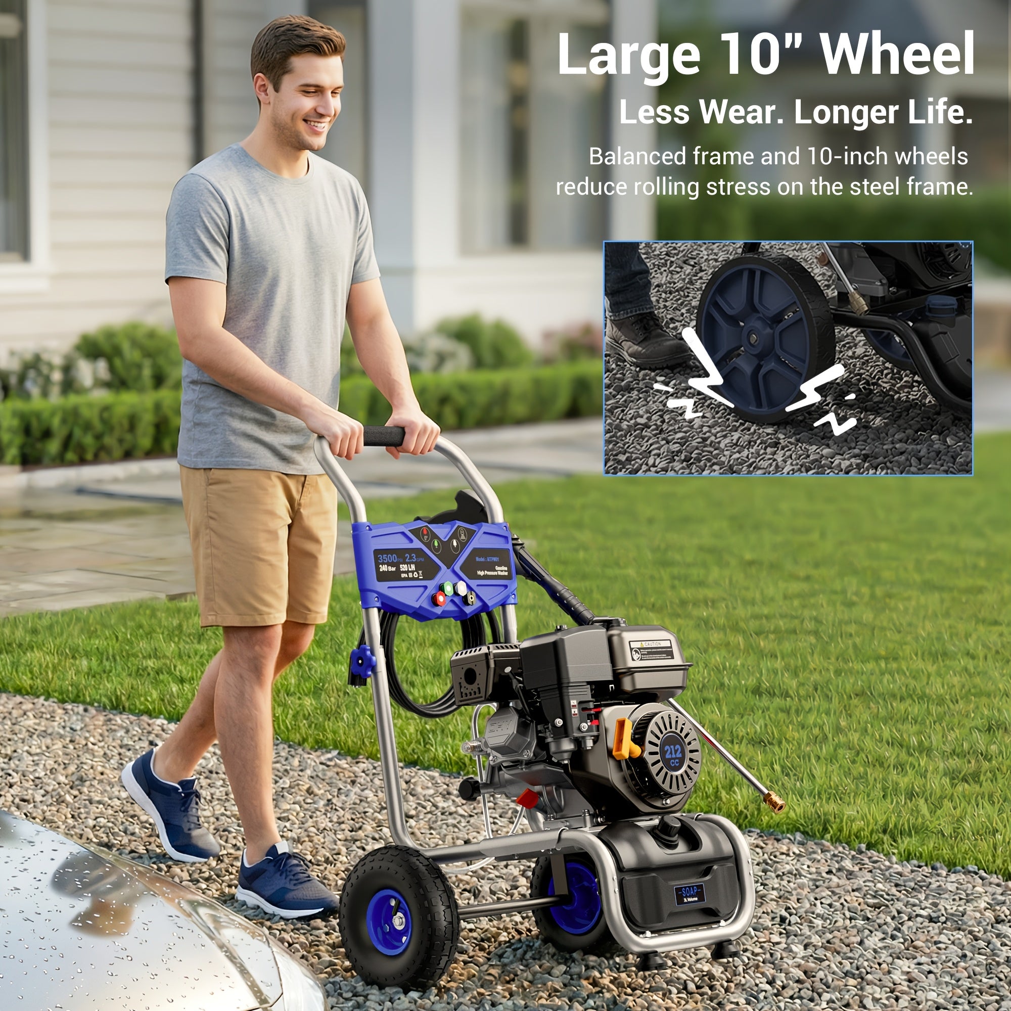 3500PSI 2.3GPM 212CC gasoline-powered high-pressure washer, gasoline-powered high-pressure washer for cleaners with OHV 212CC engine, 4 adjustable nozzles, 25 'hose for cleaning walls, patios, vehicles, gardens