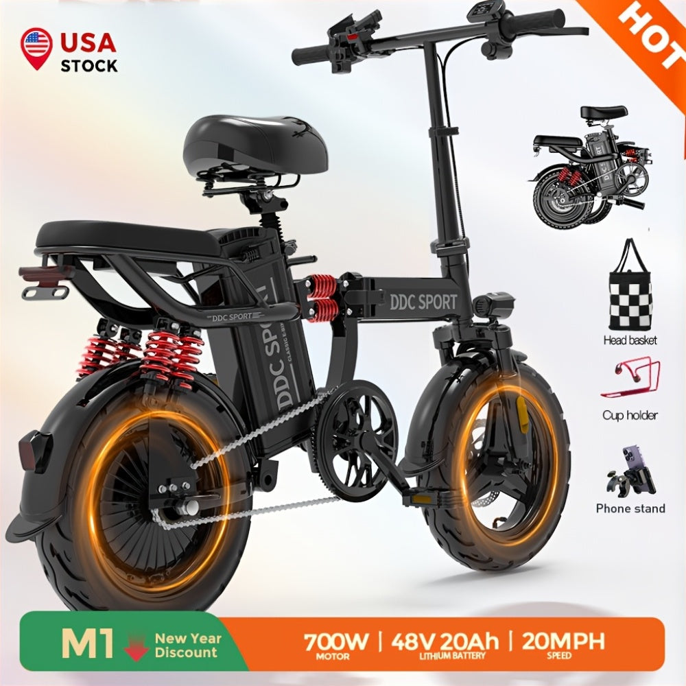 48V lithium battery, 700W peak motor, M1 14-inch lightweight adult electric bicycle, battery life of 30 miles, speed of 19 miles per hour, 25 ° climbing ability, 11 shock-absorbing electric vehicle, urban commuter folding electric vehicle, load-bearing 18