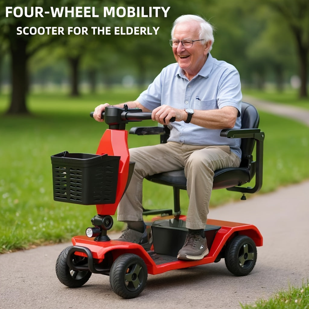 Four-wheel electric scooter, foldable, with 250W motor, 24V 12Ah battery, 15.5 miles, 8-inch solid tires, 300 lb load, with removable basket, front headlights, rear anti-dump wheels, easy to drive uphill