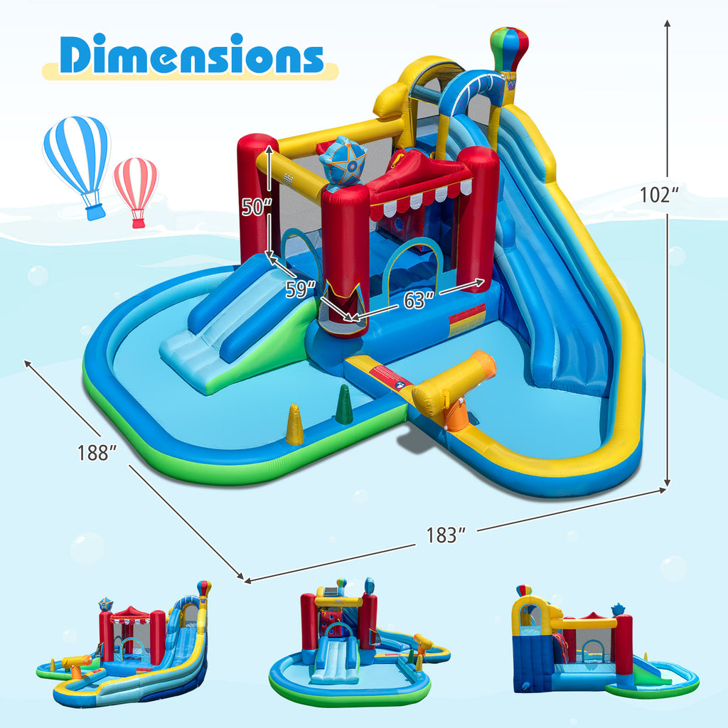 Inflatable water park with water slide, water wave pool, water cannon, ring toss game, ball pit, climbing wall, basketball hoop and storage basket, wet & dry bounce house, perfect for birthday parties (blower not included)