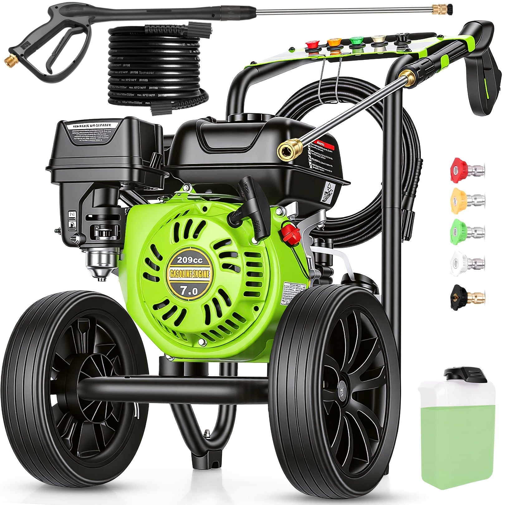 Maximum pressure 4400PSI, flow rate 3 gallons/minute, displacement 209 ml Commercial gas pressure washer with 10-inch tires, 7.0 horsepower professional gas washer with 5 nozzles, 25 feet of high pressure hose, and 50.72 oz foam bottle for automobiles
