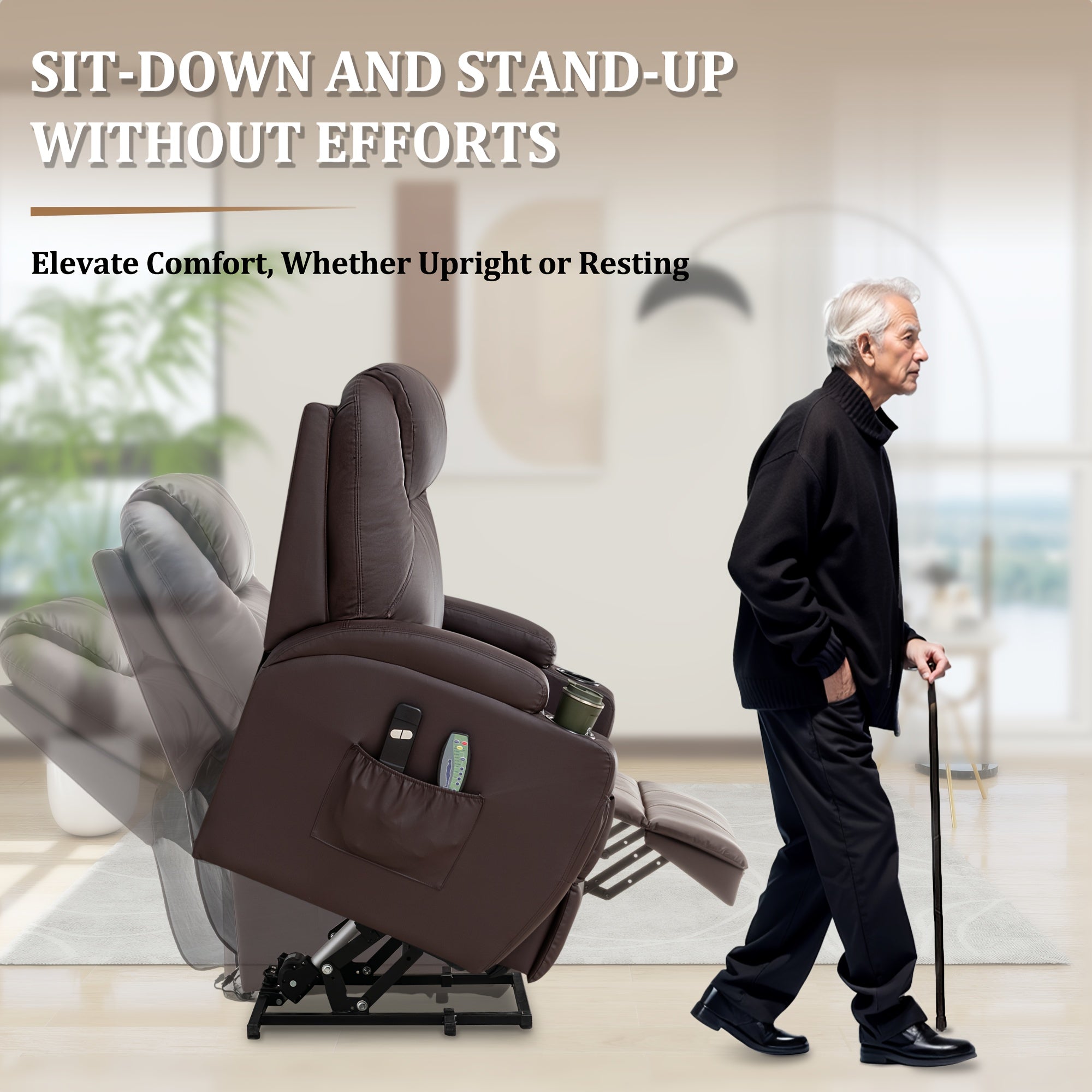 Electric lounge chair with massage and heating, electric lift chair for the elderly and adults, modern lounge chair with remote control, cup holder, faux leather interior, brown
