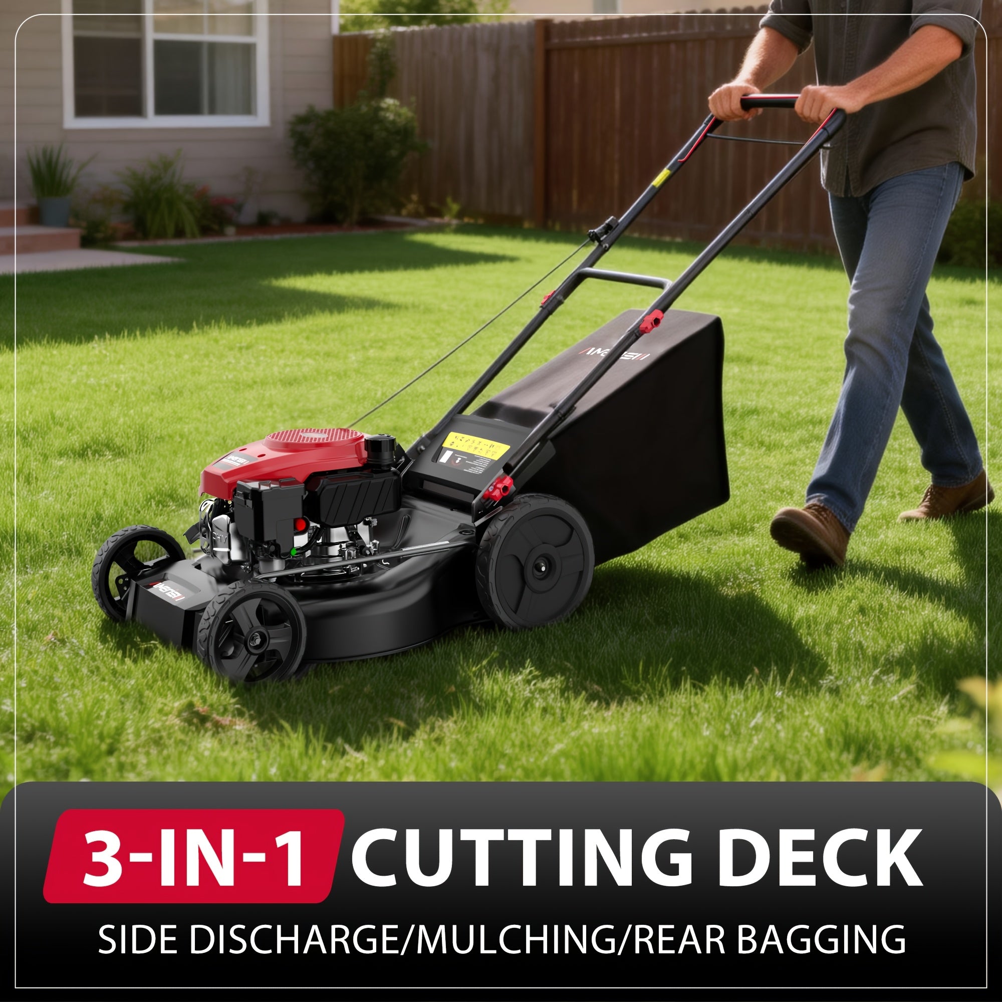 21-Inch self-propelled gasoline lawn mower with 165cc four-stroke engine, suitable for rear-wheel drive gasoline-powered lawn mowers in large yards and hillsides, three-in-one function of collecting grass/collecting grass bags/side rows, 6-speed height