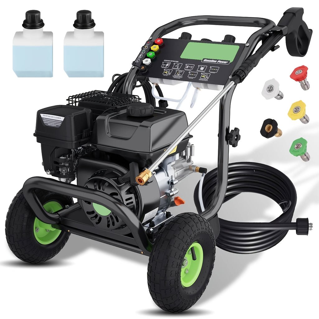 Maximum pressure 4200PSI, flow rate 4 gallons/minute, 196 ml displacement Commercial gas pressure washer, 6.5 horsepower professional gas cleaning equipment, equipped with 5 nozzles, 25 feet of hose and foam bottle, suitable for automobiles, fences