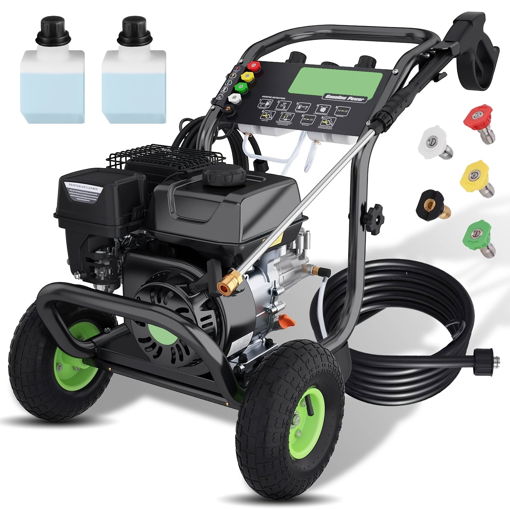 Maximum pressure 4200PSI, flow rate 4 gallons/minute, 196 ml displacement Commercial gas pressure washer, 6.5 horsepower professional gas cleaning equipment, equipped with 5 nozzles, 25 feet of hose and foam bottle, suitable for automobiles, fences
