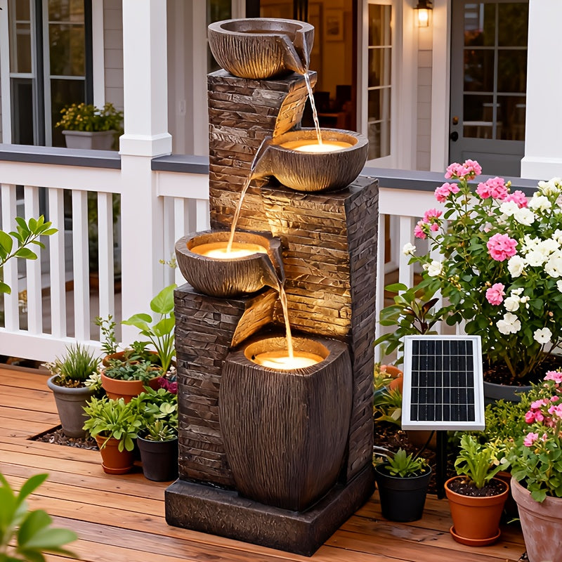 38.2-Inch high solar outdoor fountain, four-story modern waterfall bowl and stacked stone view, equipped with LED lights and IP68 waterproofing pump, suitable for garden, yard, patio, backyard and home art decor