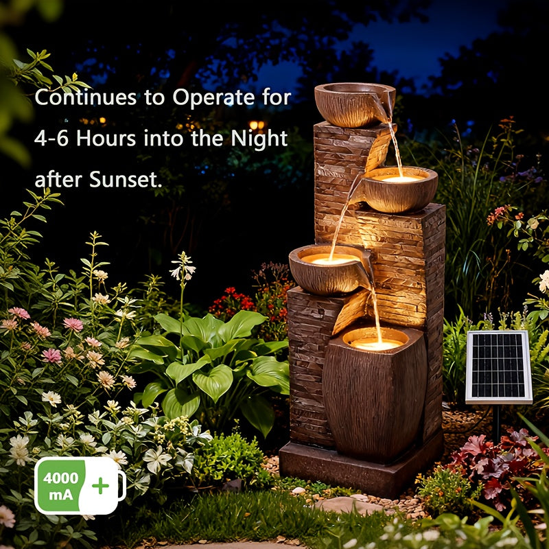 38.2-Inch high solar outdoor fountain, four-story modern waterfall bowl and stacked stone view, equipped with LED lights and IP68 waterproofing pump, suitable for garden, yard, patio, backyard and home art decor