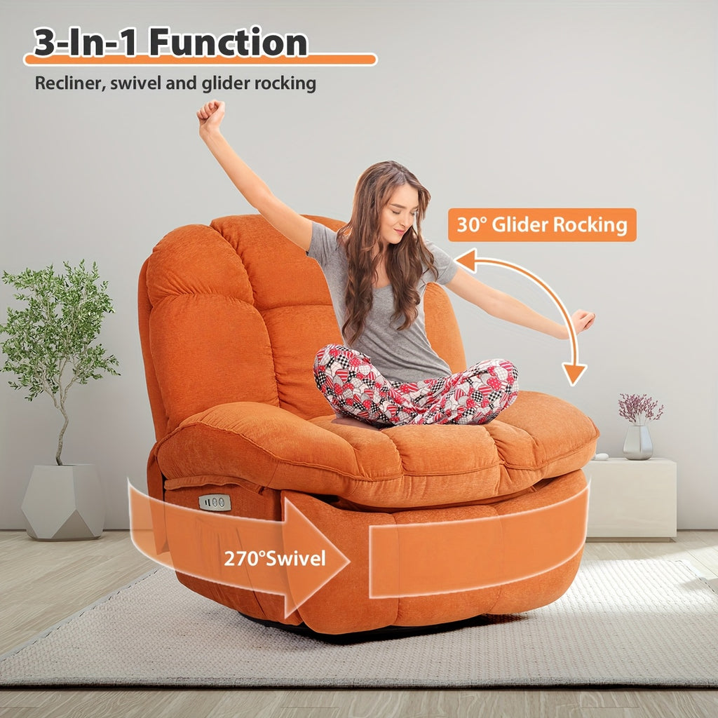 Electric rocking chair, super filled rotating rocking chair with vibration massage and heating function, modern single sofa rocking chair, electric rocking chair with USB port, USB-C port and side pocket, living room decoration.