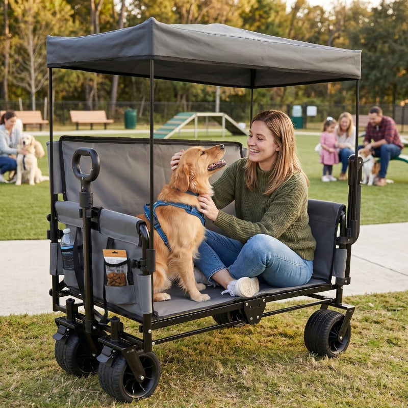3-In-1 folding trolley with benches, awnings, and storage, 500 lb heavy duty, 47.55 gallon capacity, all-terrain trolley for camping, beach, sports, and gardens, gray