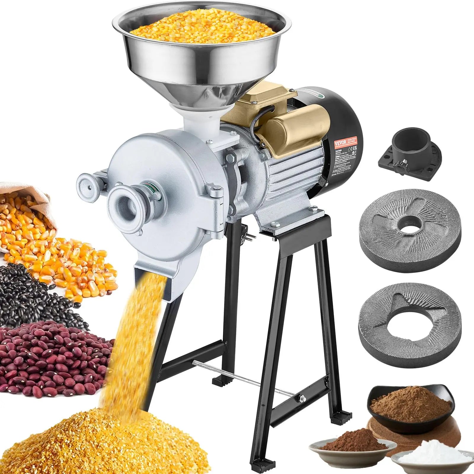 【DealsForYouDays】VEVOR Electric Grain Mill Grinder, 3000W Spice Grinders, Commercial Corn Mill with Funnel, Thickness Adjustable Powder Machine, Heavy Duty Feed Flour Cereal Mill Wheat Grinders, Dry & Wet Grinder