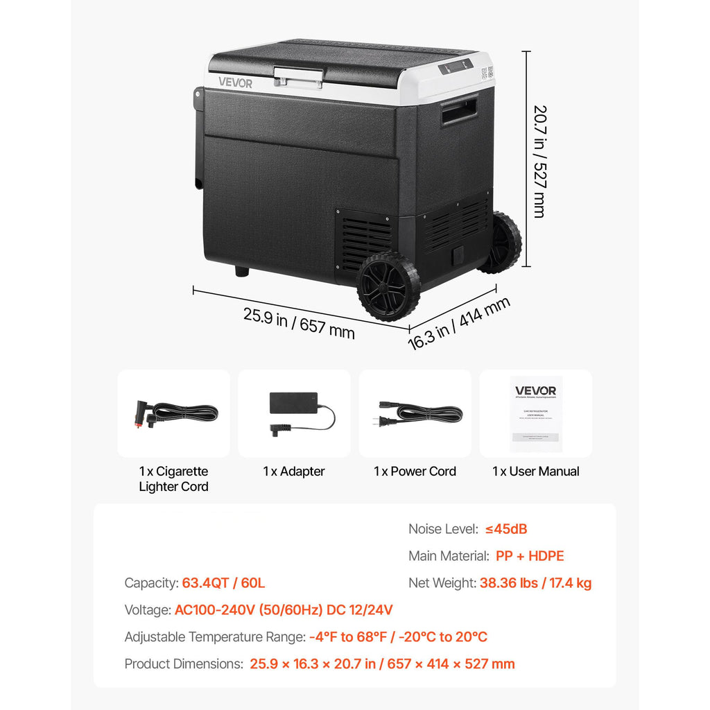 Vevor 12v car refrigerator portable freezer 63.4 qt electric cooler for camping