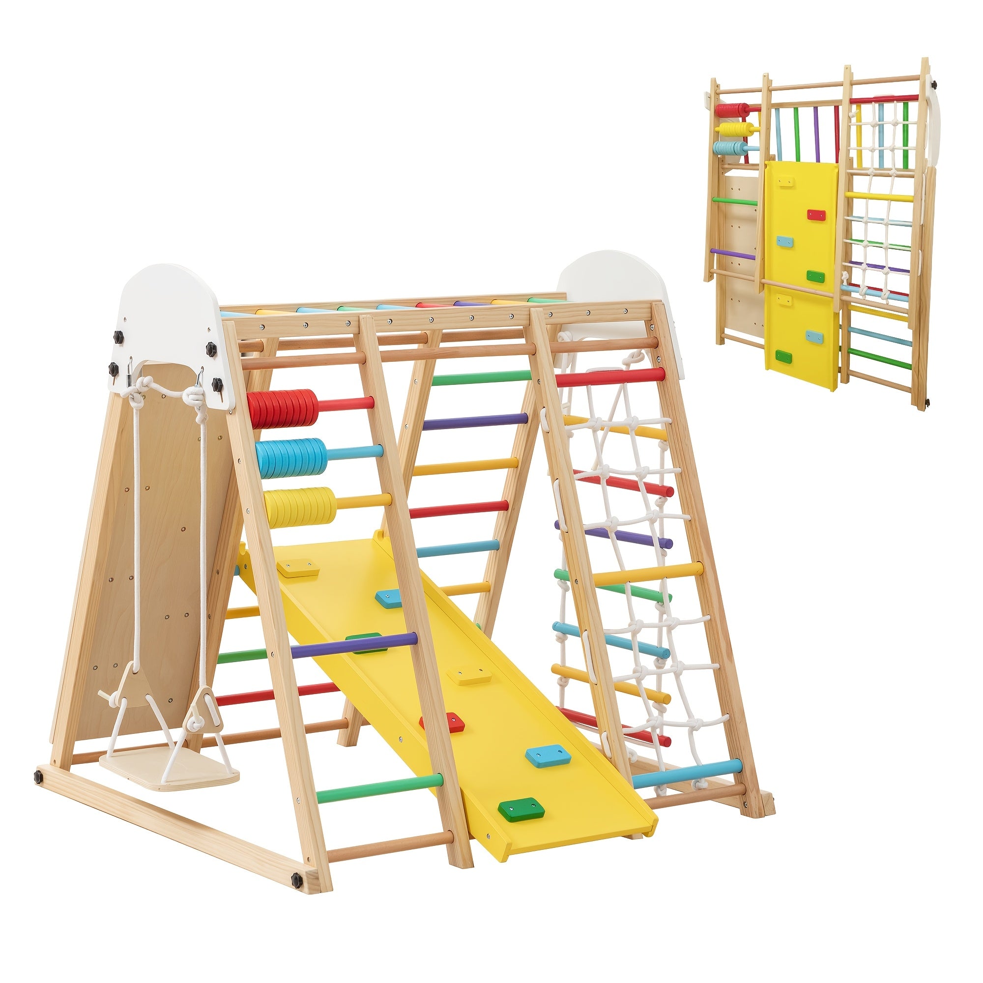 8-in-1 indoor jungle gym for kids, toddler playground with slide, swing, and climbing rock wall, wooden climbing toy set, playground equipment, natural wood finish
