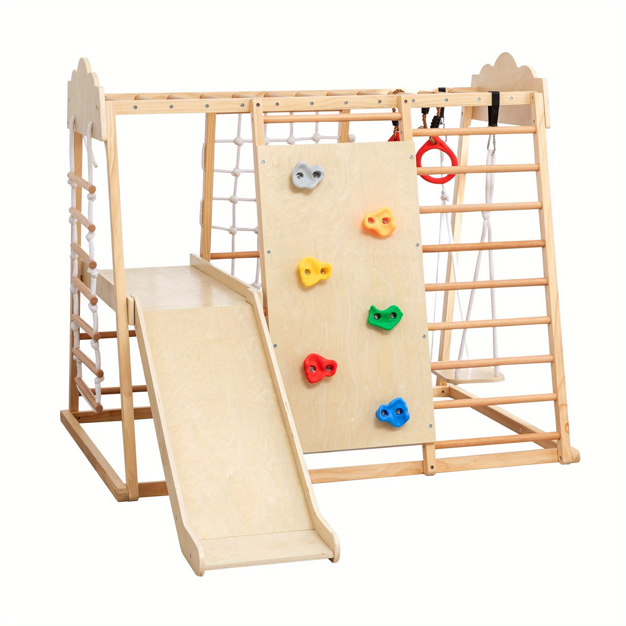 8-in-1 indoor jungle gym for kids, toddler playground with slide, swing, and climbing rock wall, wooden climbing toy set, playground equipment, natural wood finish