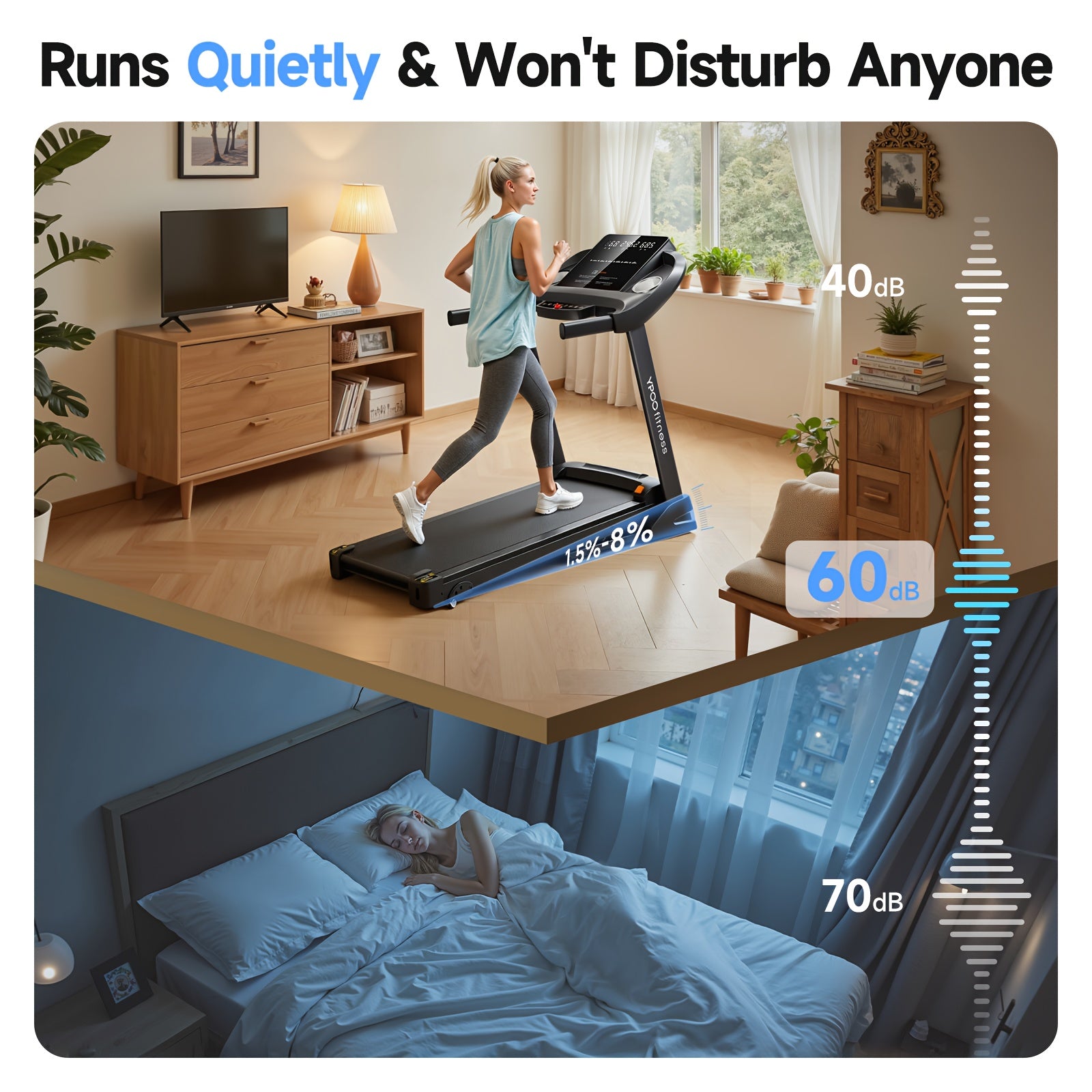 Home treadmill with slope self-folding wireless connection running mat, 8.0 mph speed, 300-pound weight-bearing home fitness treadmill