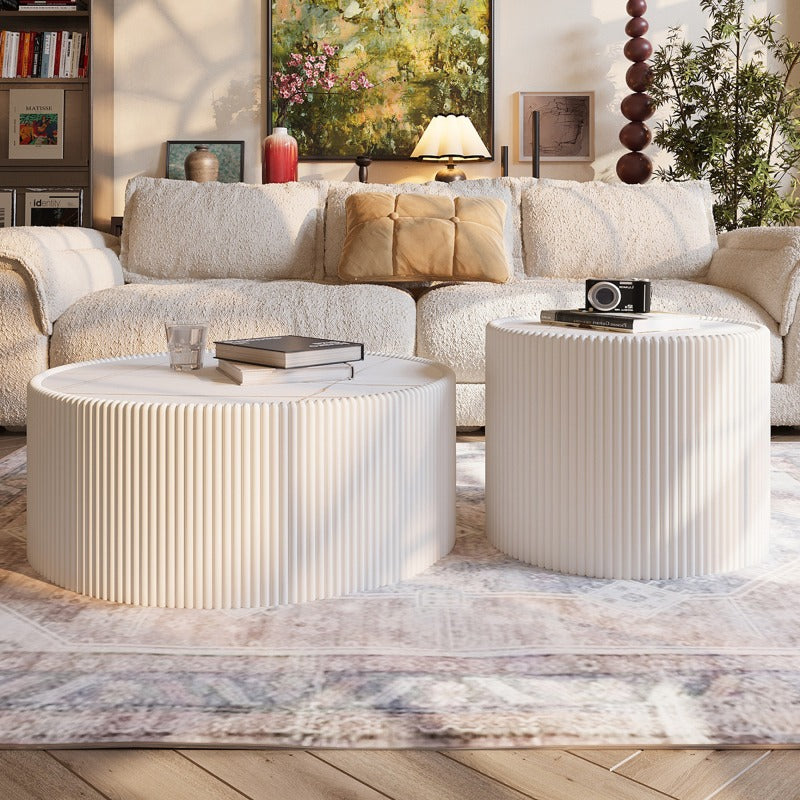 Light Sintered Stone Top Cylinder Shape Leather Coffee Modern Sofa Table for Living Room Furniture Each Tabletop Has a Unique Golden Pattern