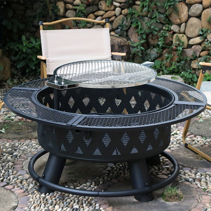 Round Outdoor Charcoal Fire Pit Grill for Courtyard, Tea Brewing, Roasting, Rotatable Grill Plate, Bonfire Bowl Stove, Smoker with Height Adjustment