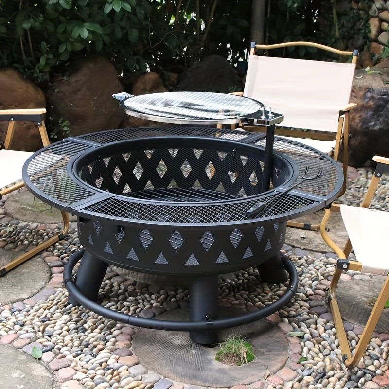 Round Outdoor Charcoal Fire Pit Grill for Courtyard, Tea Brewing, Roasting, Rotatable Grill Plate, Bonfire Bowl Stove, Smoker with Height Adjustment