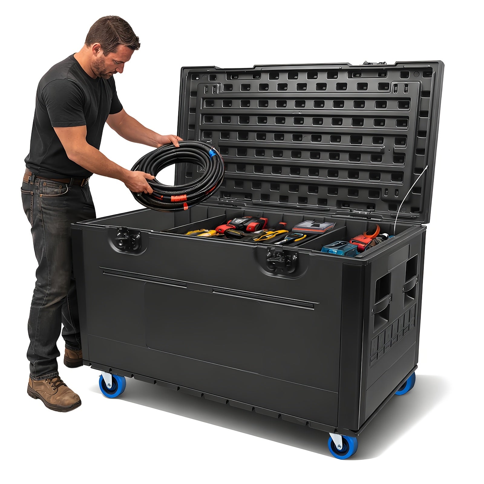 1 black wheeled cable box with dividers, size 44" x 22" x 24", stackable heavy duty ata rolling tool box, high density polyethylene (hdpe), tool box cable box for professional audio, dj equipment and instrument storage, with casters