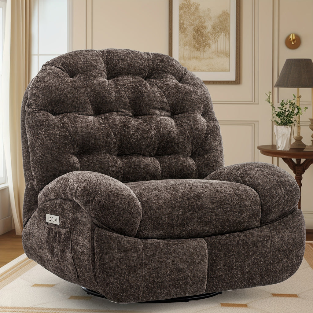 Large rotating recliner, adult rocking chair electric recliner, electric recliner, comfortable soft shell recliner, with USB port and living room storage space, chenille fabric, free shipping