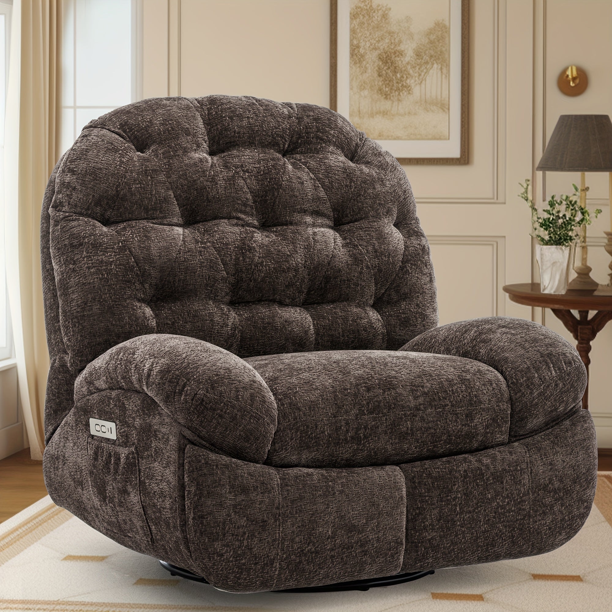 Large rotating recliner, adult rocking chair electric recliner, electric recliner, comfortable soft shell recliner, with USB port and living room storage space, chenille fabric, free shipping
