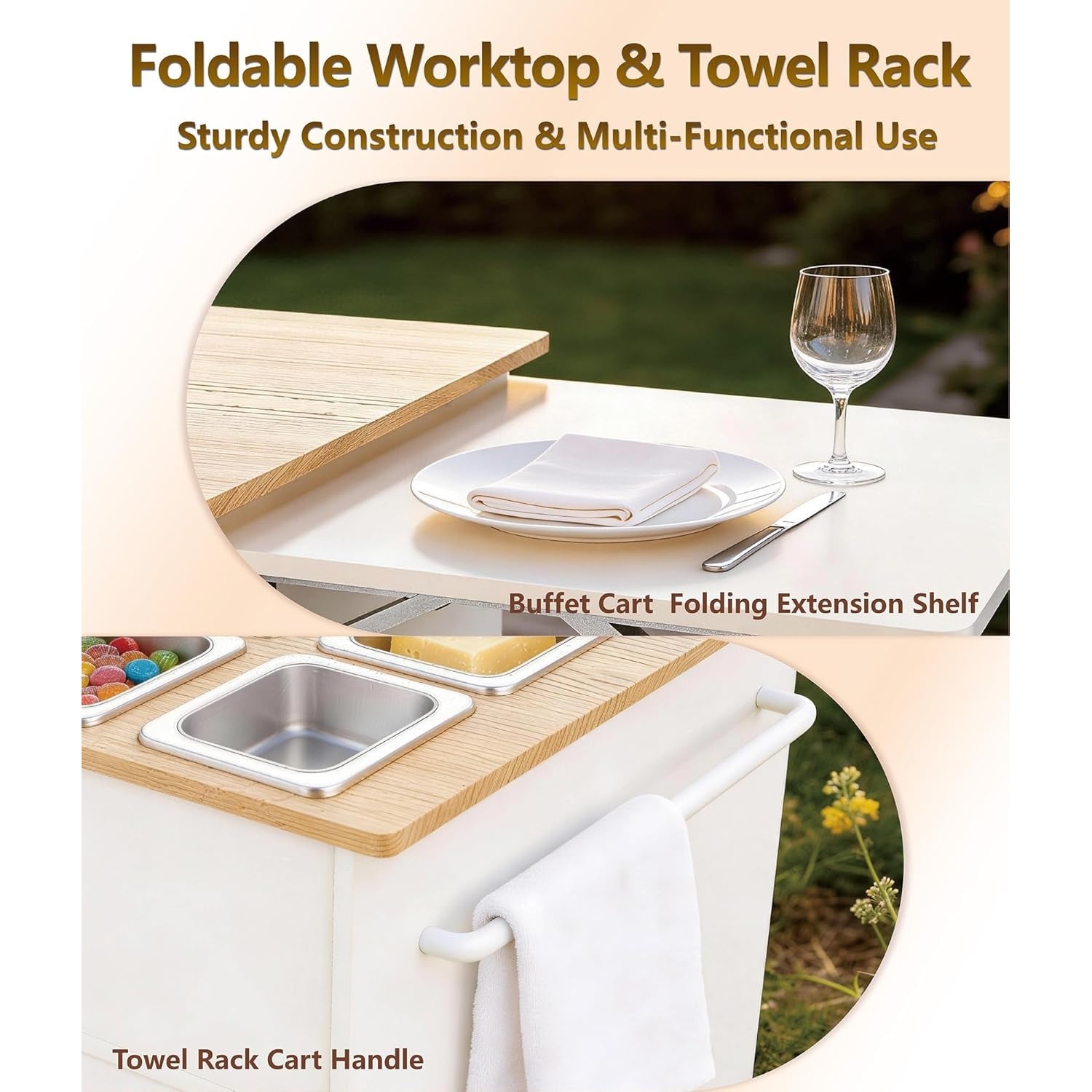 Gourmet trays with stainless steel food trays and ample storage; mobile buffet trucks with collapsible prep surfaces; pizza topping stations and salad bars; party kitchen island packaging