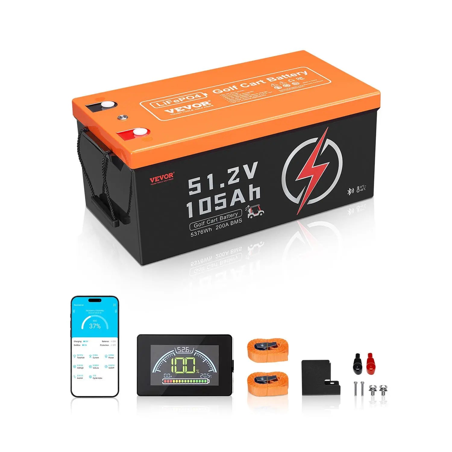 【DealsForYouDays】VEVOR 48V 105Ah Golf Cart Lithium Battery,  , 48 Volt Golf Cart Battery with 200A BMS, LCD Monitor and Mobile APP, LiFePO4 Battery with 600A Peak Current, ABS Shell and 4000+ Cycles, for Golf Carts