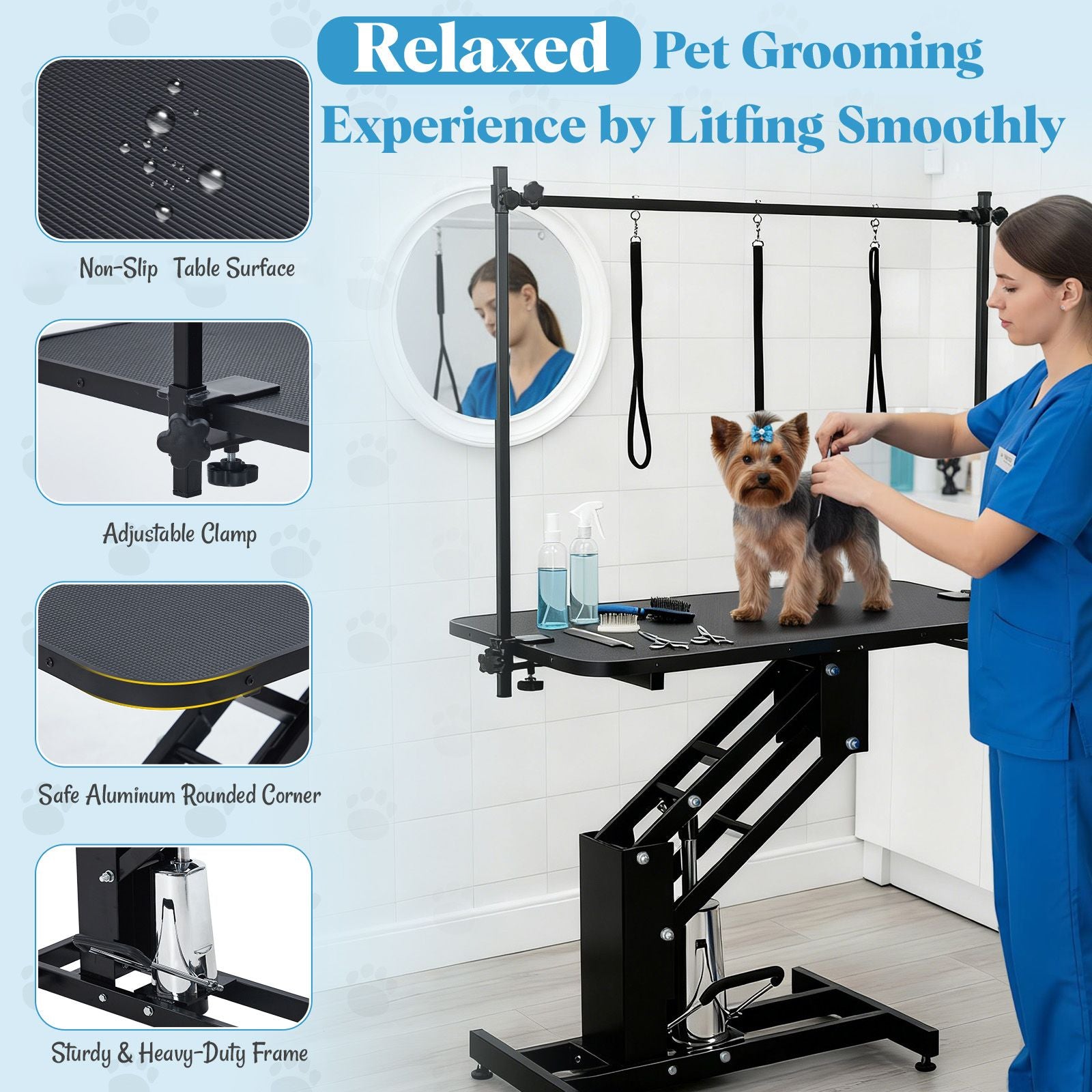 43.3-Inch pet grooming table - heavy-duty structure + adjustable cantilever + winch, 22 "-39" height adjustable, solving pet grooming operation difficulties, suitable for pet care scenarios, a must-have for pet grooming tools