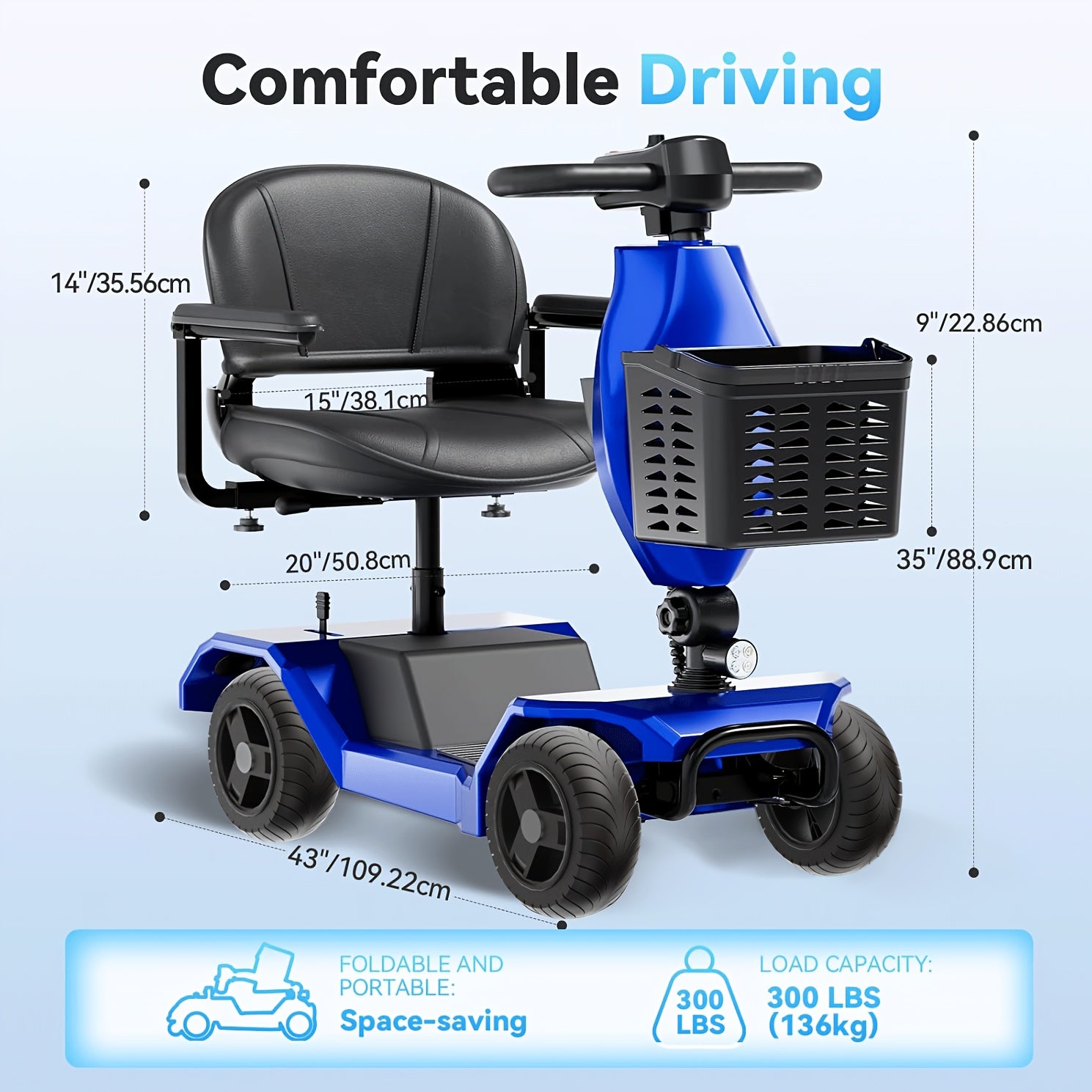Four-wheel electric scooter, foldable, with 250W motor, 24V 12Ah battery, 15.5 miles, 8-inch solid tires, 300 lb load, with removable basket, front headlights, rear anti-dump wheels, easy to drive uphill