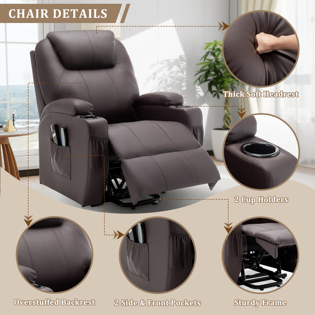 Electric lounge chair with massage and heating, electric lift chair for the elderly and adults, modern lounge chair with remote control, cup holder, faux leather interior, brown