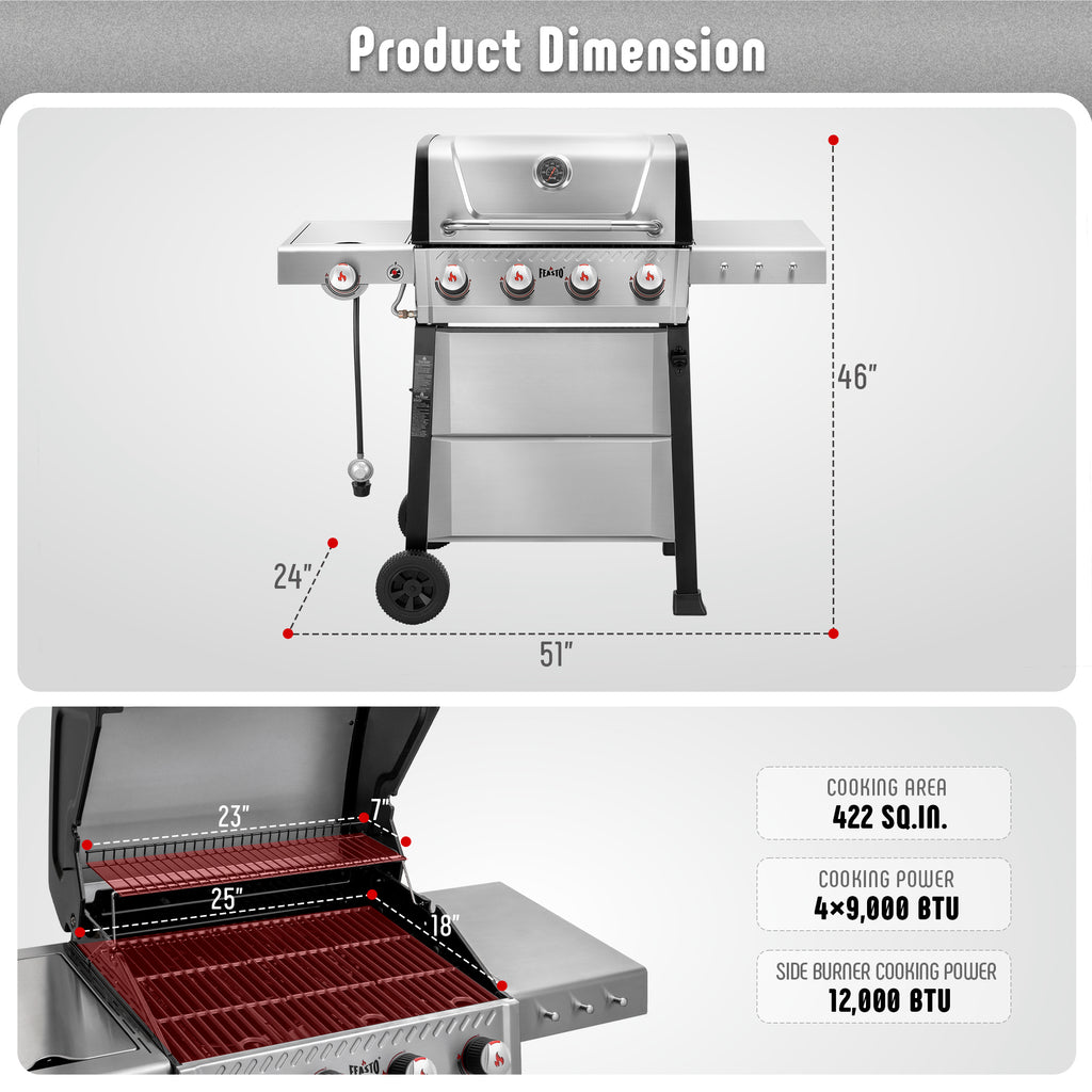 FEASTO 4-Burner Propane Gas Grill with Side Burner&Table, Outdoor BBQ Grill with Porcelain-Enamel Cast Iron Grates for Patio Cooking, Stainless Steel