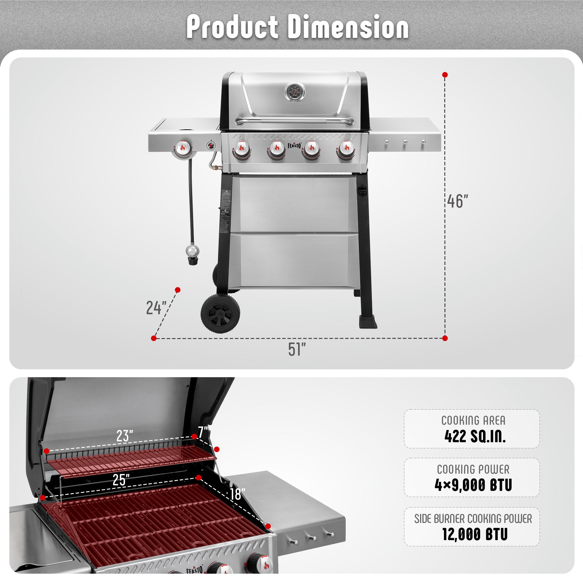 FEASTO 4-Burner Propane Gas Grill with Side Burner&Table, Outdoor BBQ Grill with Porcelain-Enamel Cast Iron Grates for Patio Cooking, Stainless Steel
