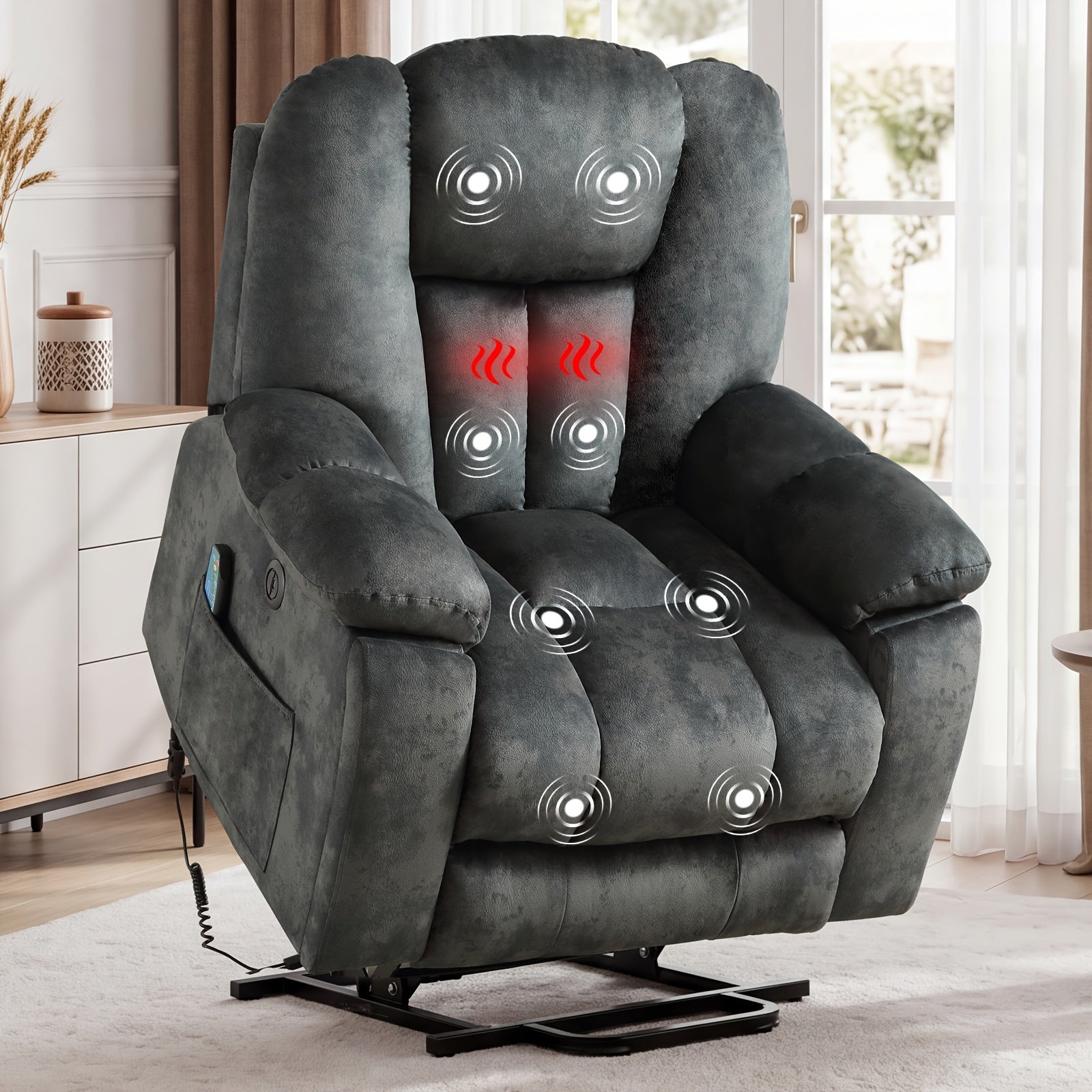 Electric lift massage heats the elderly reclining chair, thickened and wide reclining chair, heavy duty safety electric reclining mechanism, equipped with USB port and 2 hidden cup holders