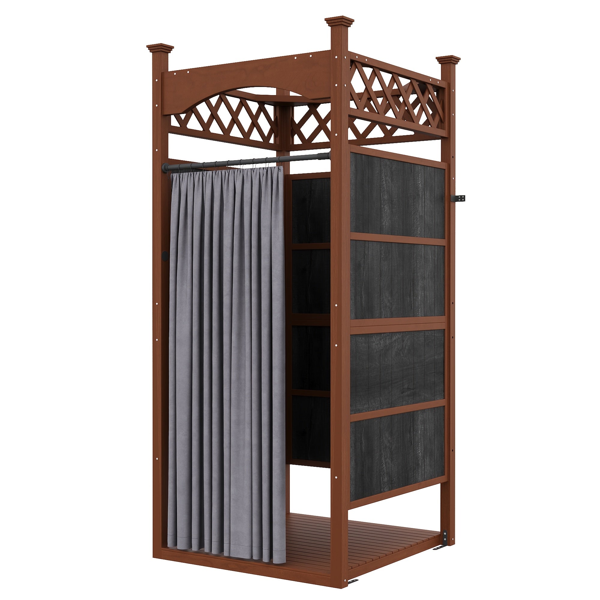 Outdoor shower with privacy curtain and privacy board - solid wood construction, suitable for poolside wash stations, changing rooms, beach showers and outdoor bathrooms - weatherproof wooden shower with privacy curtain