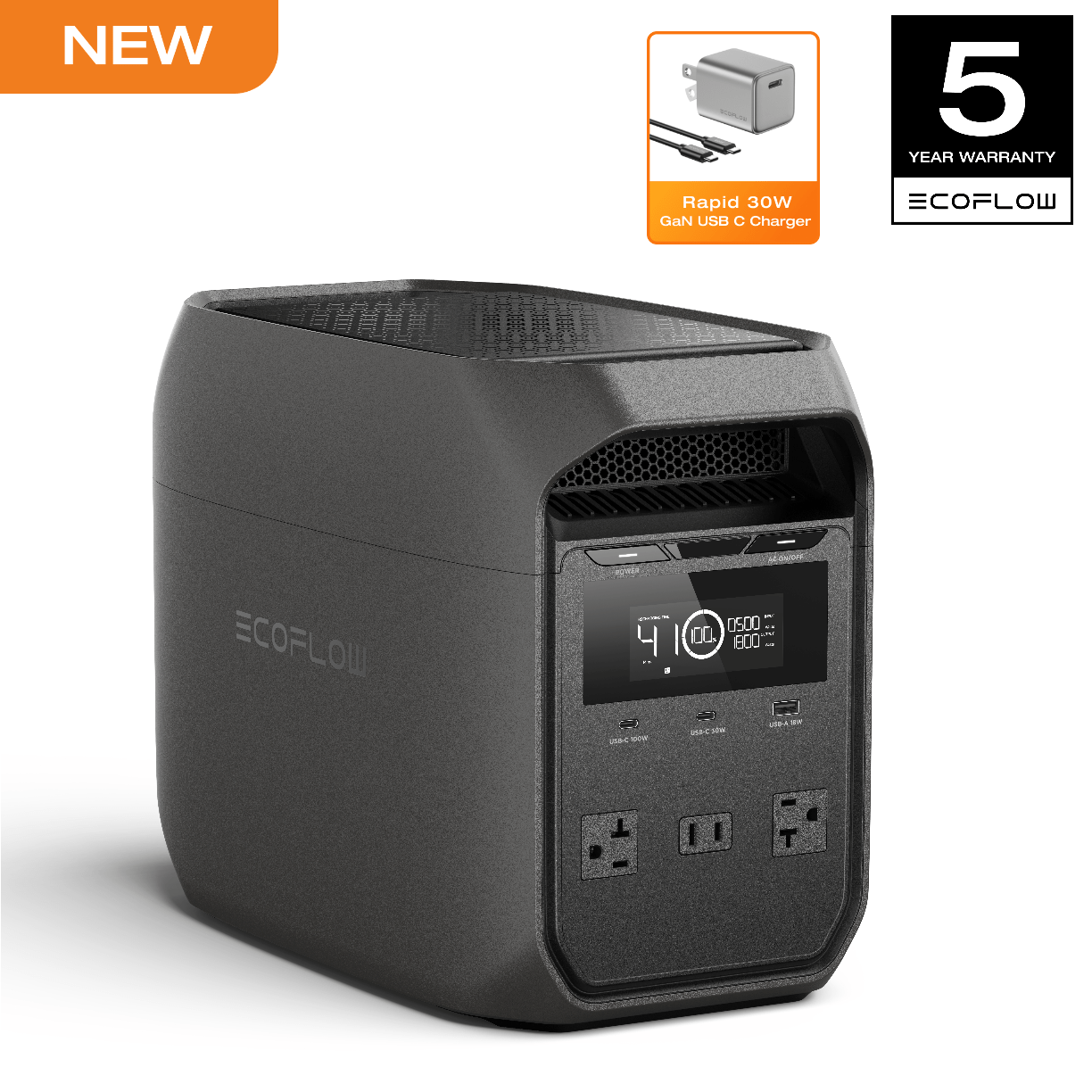 EcoFlow 30W GaN-C fast charging charger, with DELTA 3 classic dark version 1000 portable power station, 1024Wh solid state lithium battery, 60 minutes fast charging, household backup power supply, solar power bank for camping and RV, including 110V