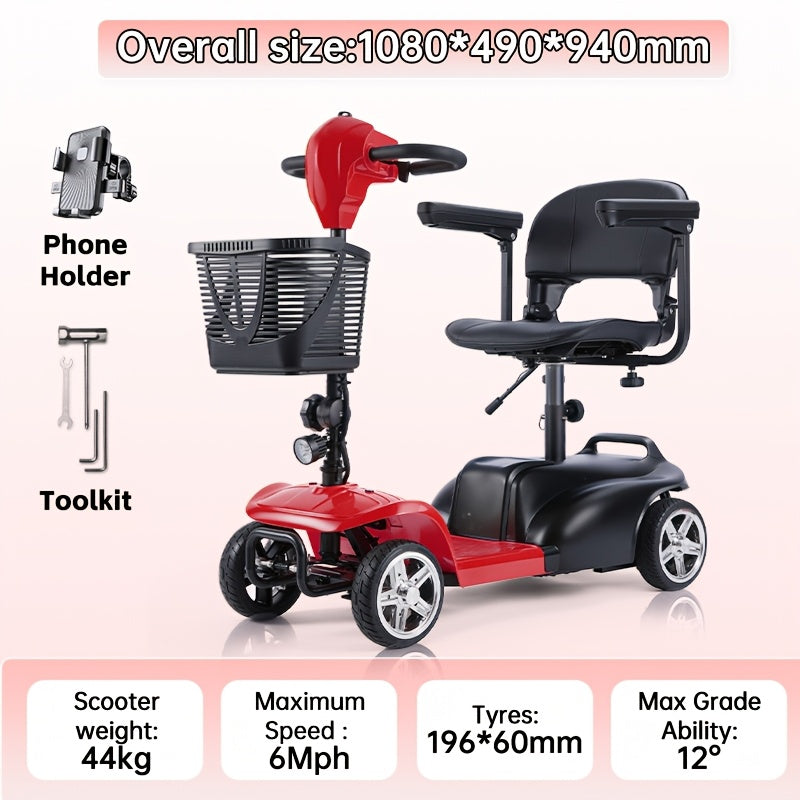 Adult four-wheel folding scooter with 250-watt 12-volt motor, 15-mile 12-amp-hour battery, LED headlights and removable storage basket. Comes with tool set, charger and instructions. Holiday surprise gift