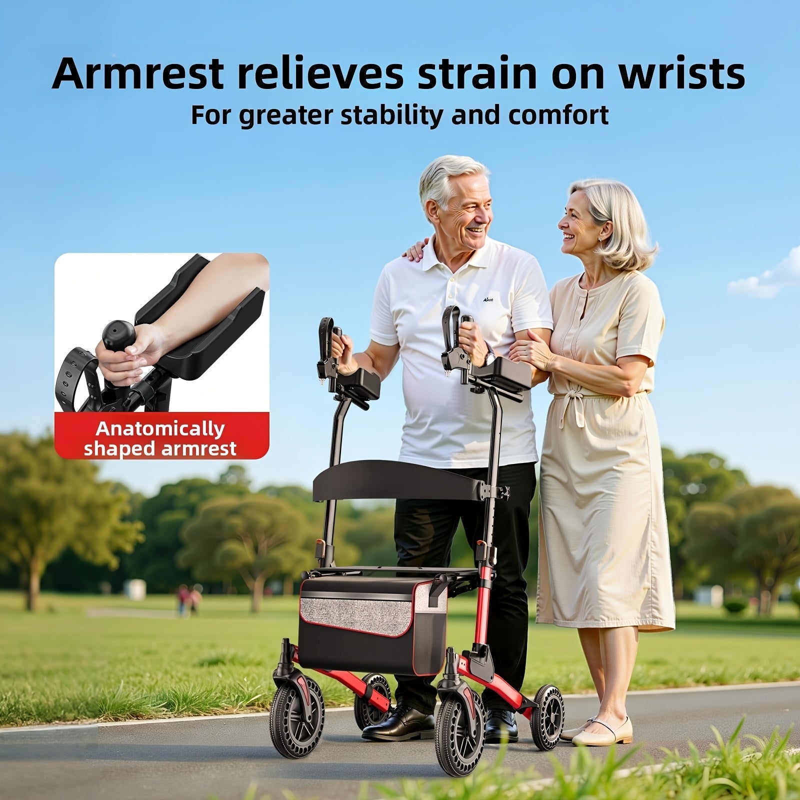PERFCARE Height Adjustable Four Wheel Walker with Extended Shopping Basket and Seat - Heavy Duty Lightweight Folding Mobility Aids with Ergonomic Backrest, Height Adjustable Seat and Large All Terrain Wheel for the elderly, adults, travel, shopping