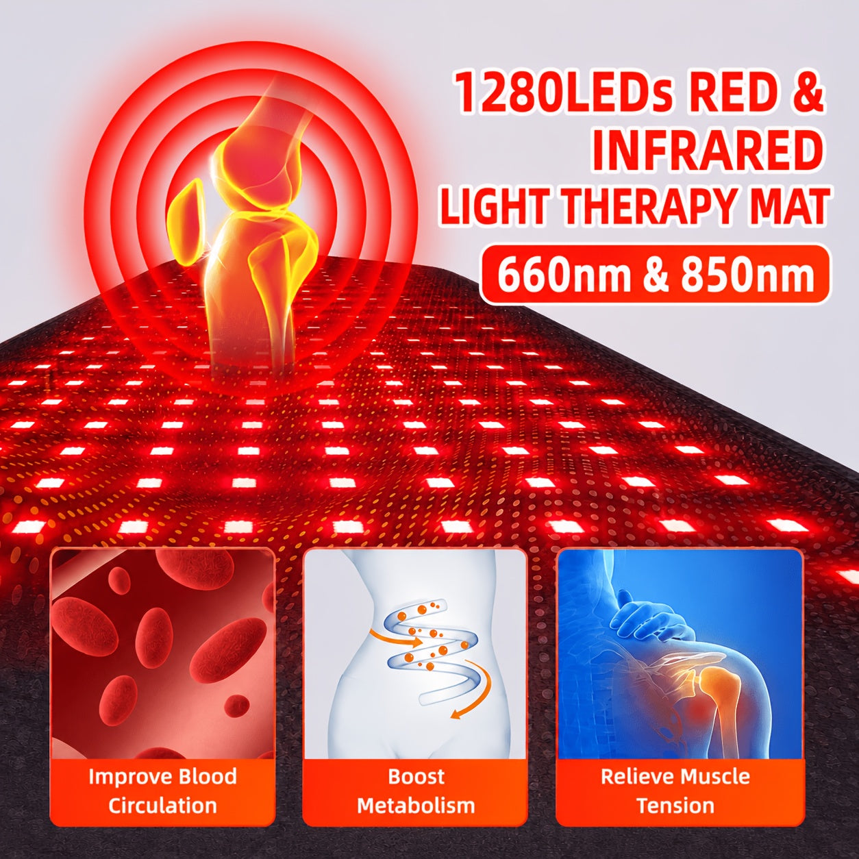 1280 led red light therapy pad, 660nm-850nm near-infrared light blanket device, full-body large size pad for relaxation and skincare