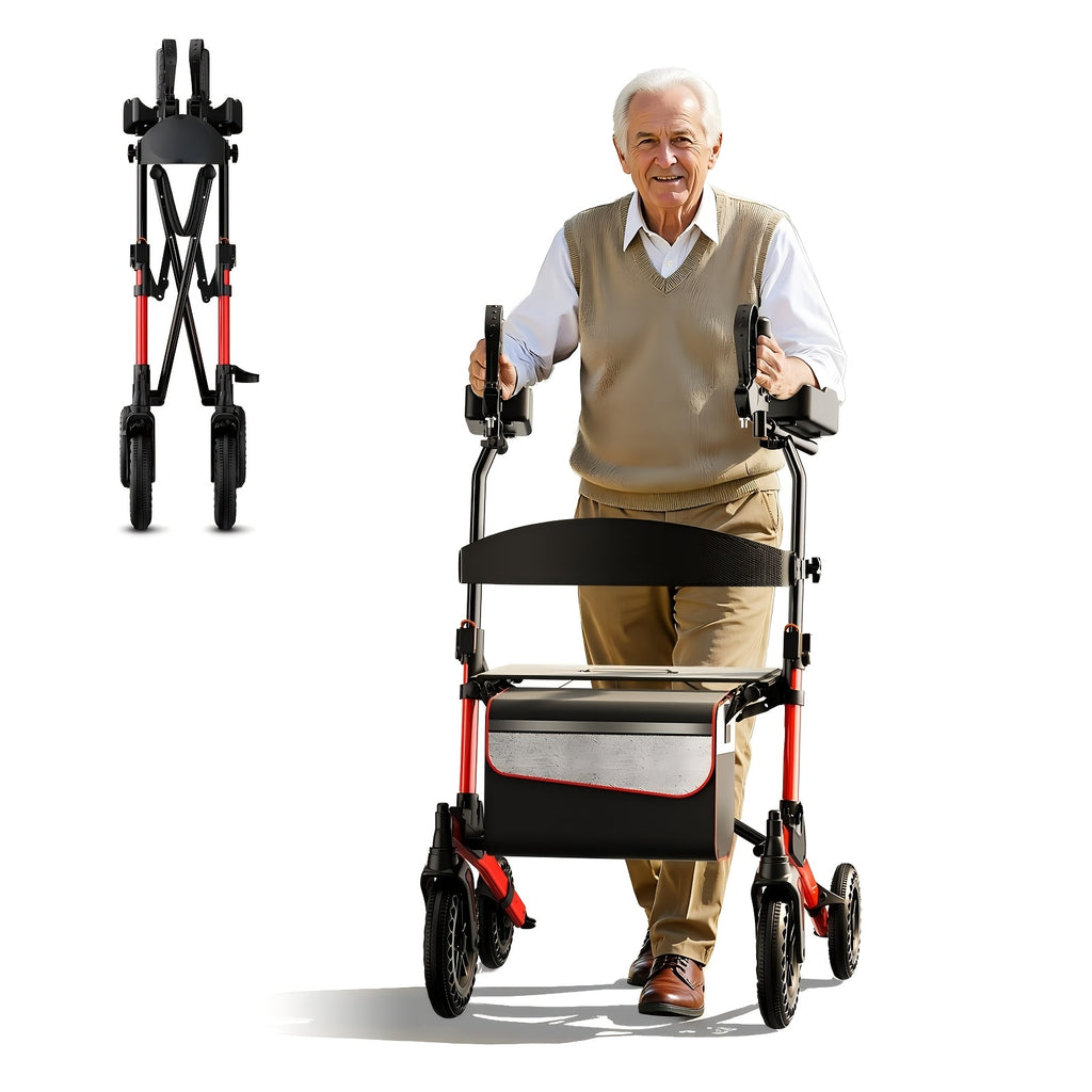 PERFCARE Height Adjustable Four Wheel Walker with Extended Shopping Basket and Seat - Heavy Duty Lightweight Folding Mobility Aids with Ergonomic Backrest, Height Adjustable Seat and Large All Terrain Wheel for the elderly, adults, travel, shopping