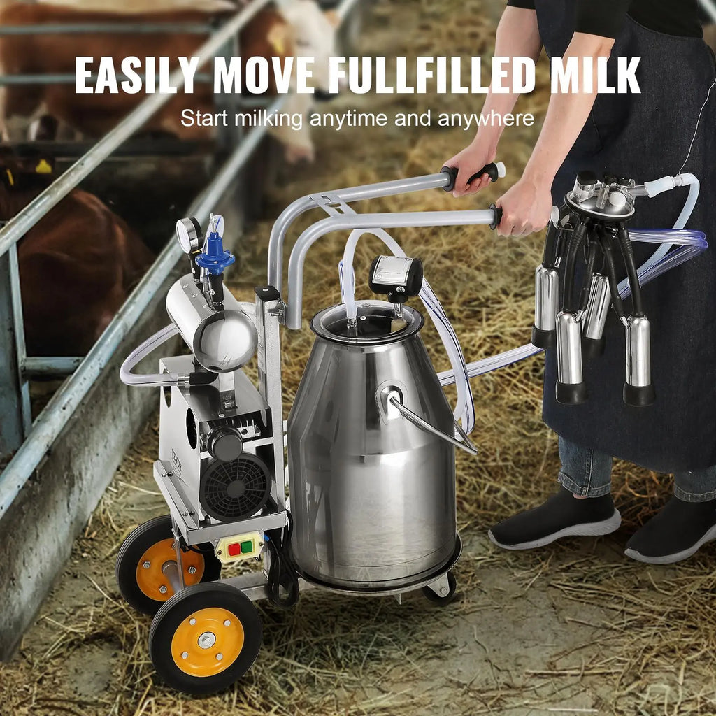 【DealsForYouDays】VEVOR Electric Cow Milking Machine, 6.6 Gal / 25 L 304 Stainless Steel Bucket, Automatic Pulsation Vacuum Milker, Portable Milker with Food-grade Silicone Cups and Tubes, Adjustable Pressure