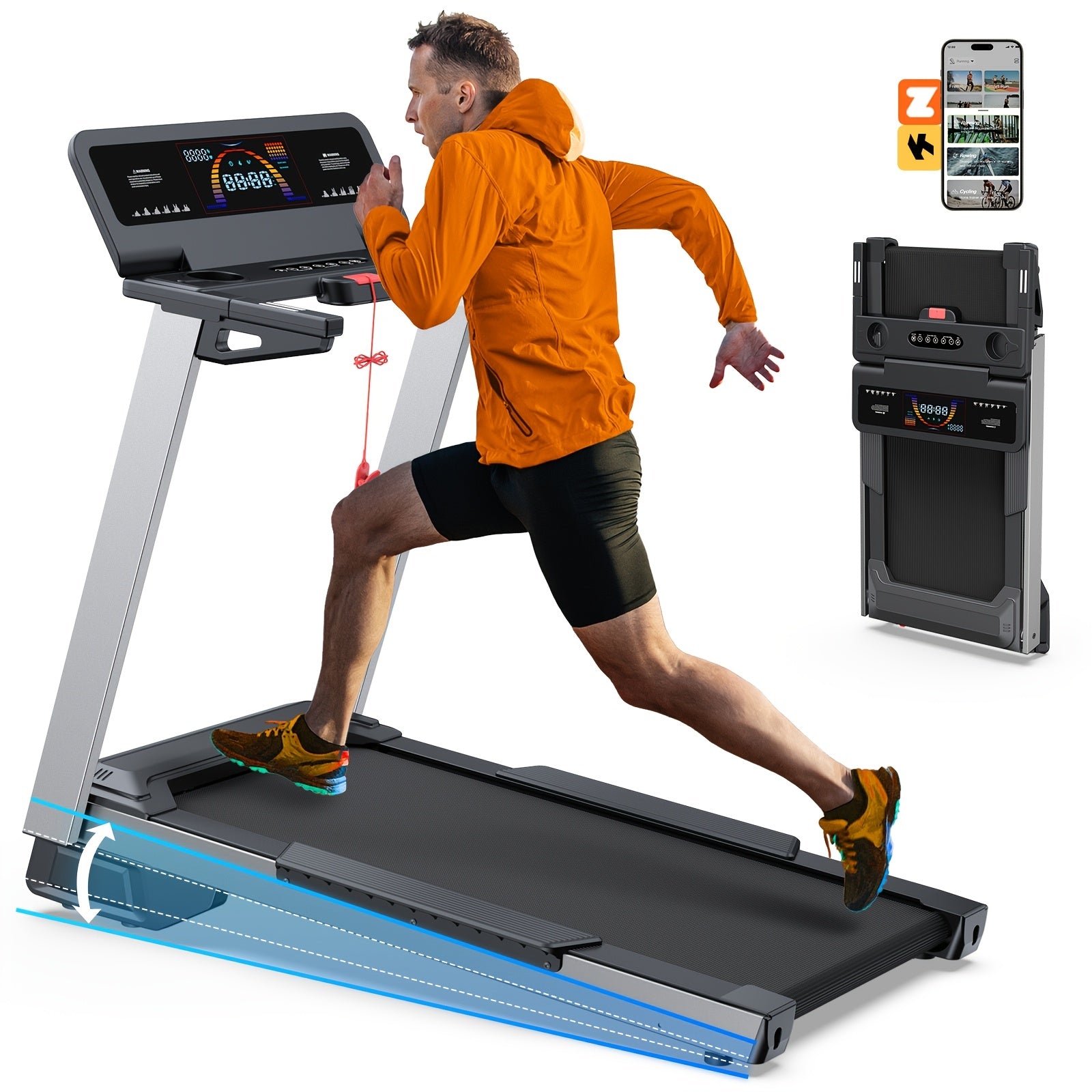 Foldable tilt treadmill 450 lb capacity, intelligent voice control, compatible with KINOMAP ZWIFT, heavy duty treadmill for gym and home use, 4.0HP ultra-quiet brushless motor, music player, heart rate monitor, battery-free