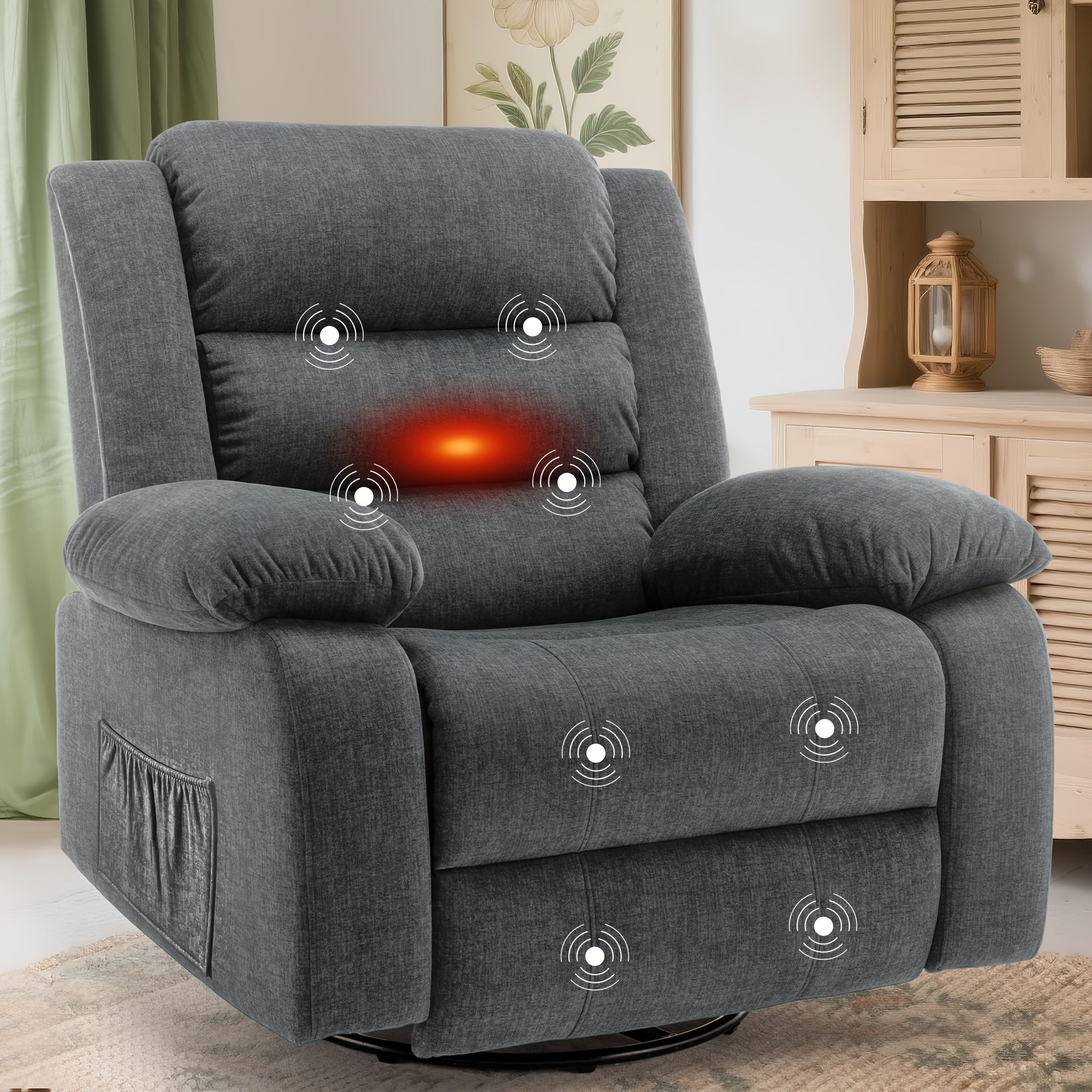 Personal care single chair, oversized rotating rocking chair, lounge chair with massage heating function, adult manual lounge chair, side pocket, sofa chair suitable for large space, material casual lounge chair, Christmas gift
