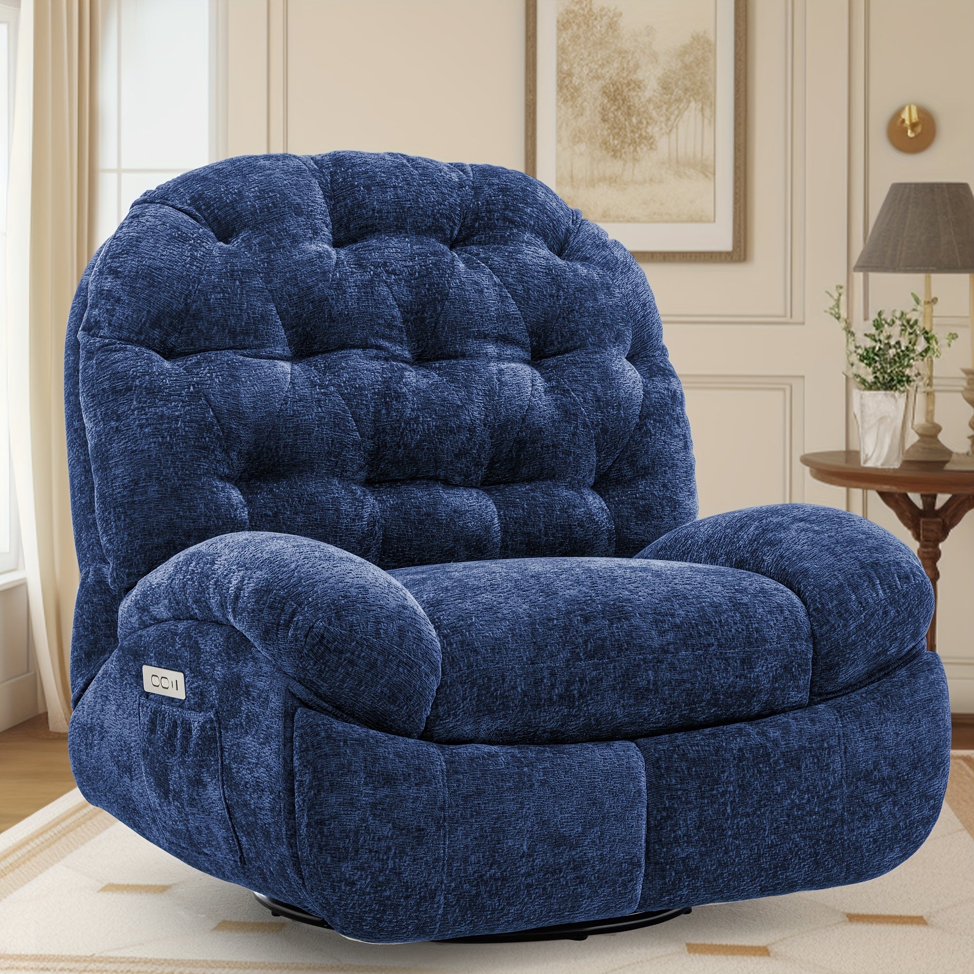 Large rotating recliner, adult rocking chair electric recliner, electric recliner, comfortable soft shell recliner, with USB port and living room storage space, chenille fabric, free shipping