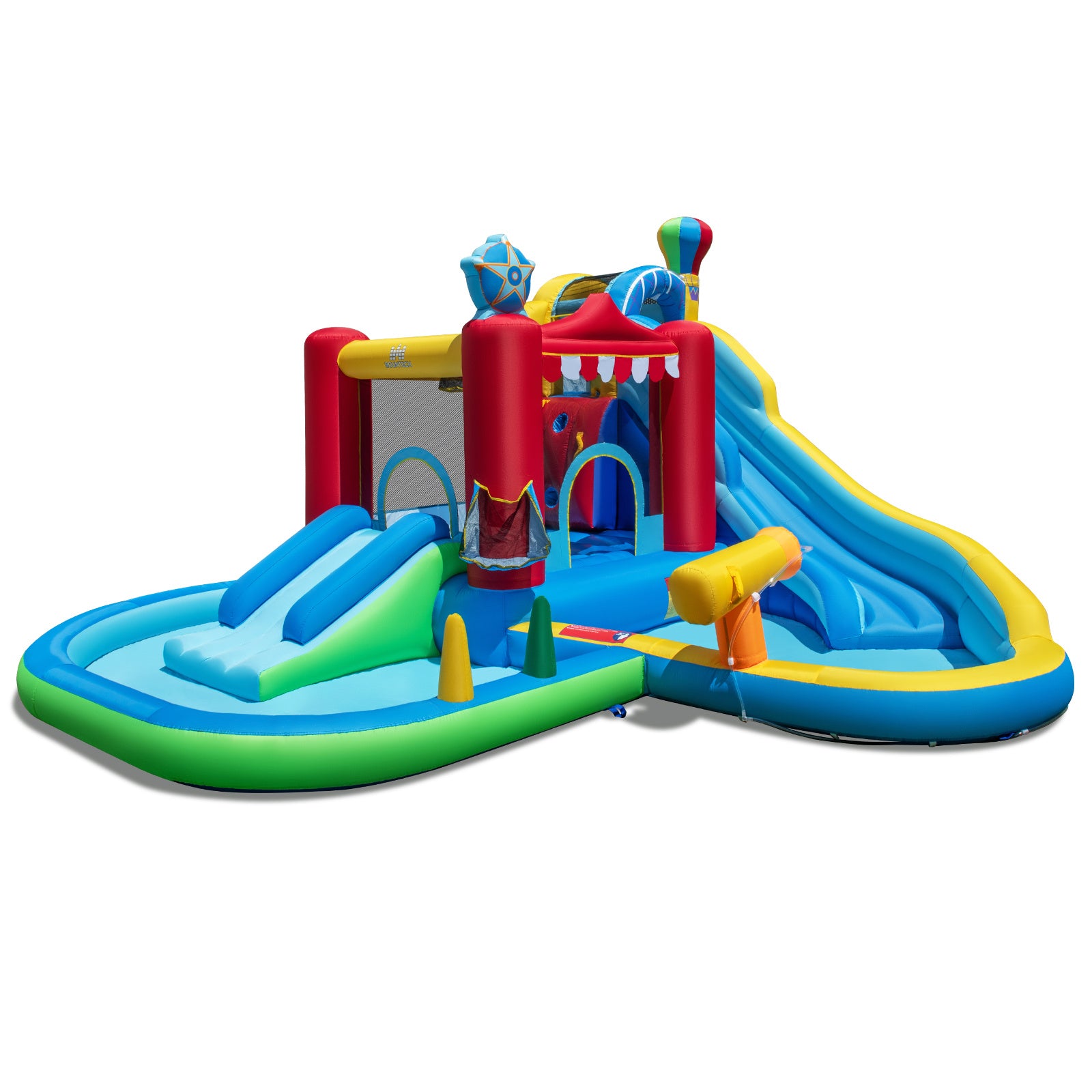 Inflatable water park with water slide, water wave pool, water cannon, ring toss game, ball pit, climbing wall, basketball hoop and storage basket, wet & dry bounce house, perfect for birthday parties (blower not included)