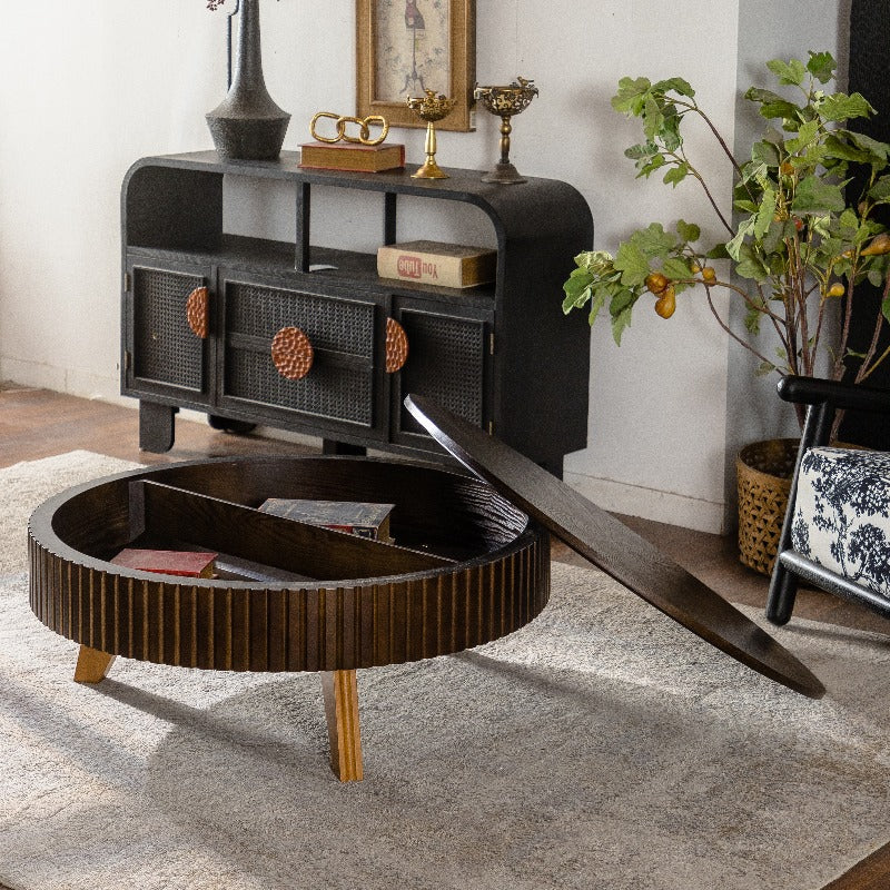 39.37'' Retro Round Coffee Table Suitable for Living Room & Office - Space-Saving Brown Table with Assembly-Free Setup, Non-Wood, Modern Minimalist for Small Spaces & Gatherings