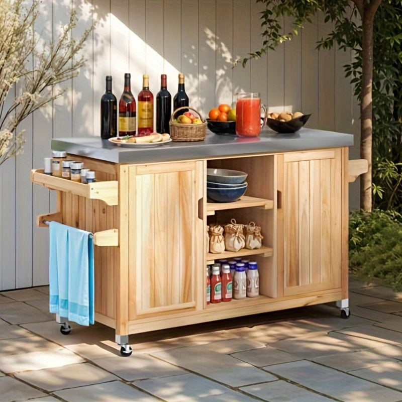 Phabules large outdoor kitchen island car with waterproof storage box, heavy duty wooden mobile bar car, 4-wheel design, 3-layer shelving, barbecue table for backyard, patio, garden, party (easy to assemble)