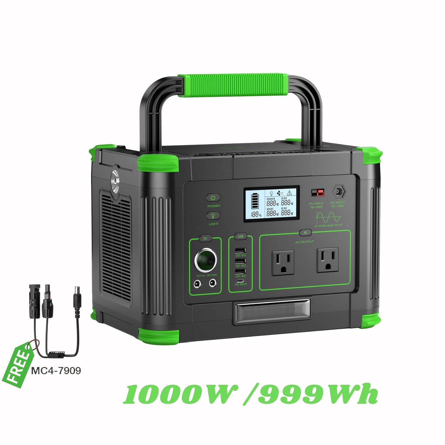 1000W mobile power supply, solar generator 999Wh (peak 2000W), power station with 110V pure sine wave AC power socket, digital display, PD 60W USB-C fast charging, home emergency backup battery, outdoor camping, road trip