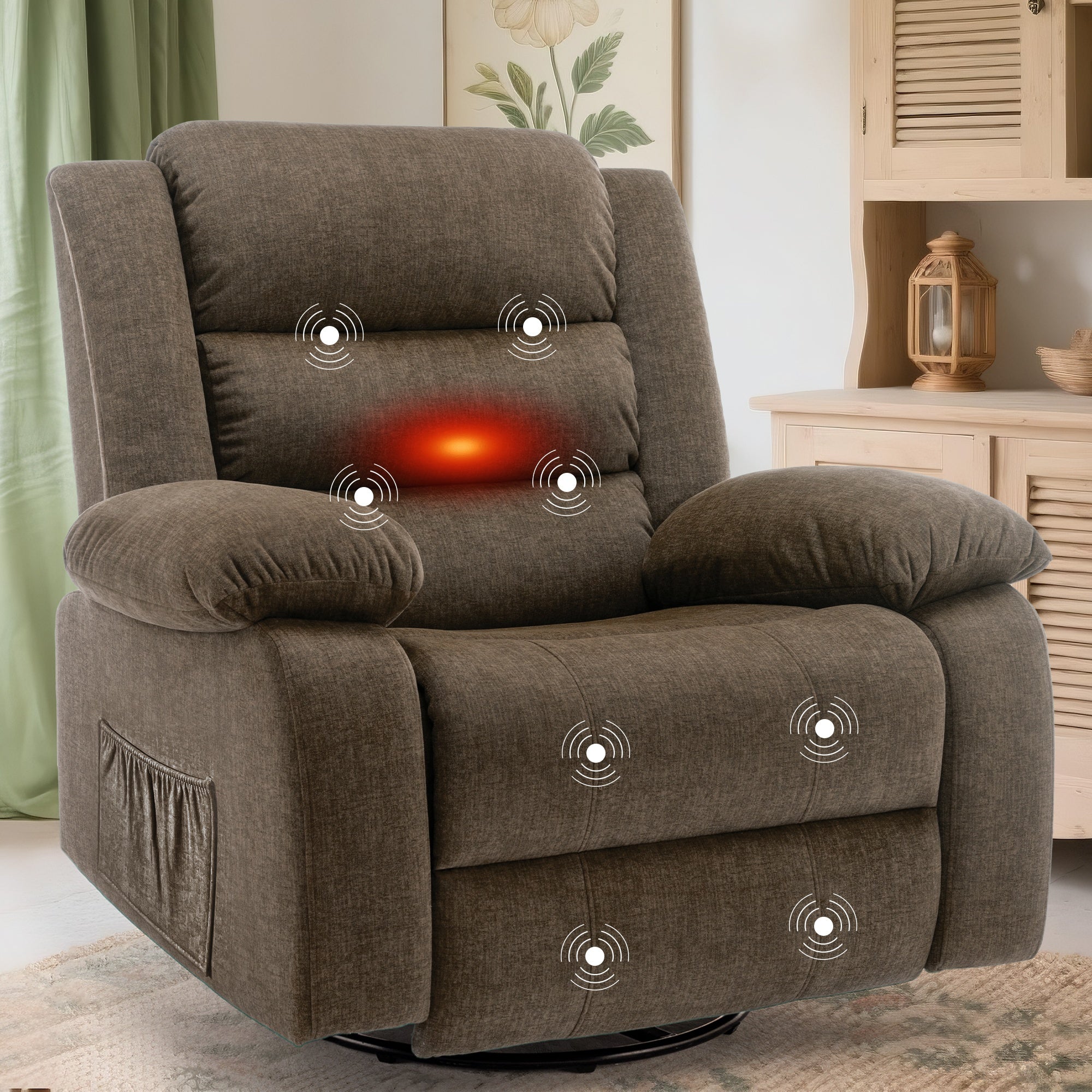Personal care single chair, oversized rotating rocking chair, lounge chair with massage heating function, adult manual lounge chair, side pocket, sofa chair suitable for large space, material casual lounge chair, Christmas gift
