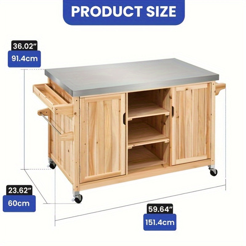 Phabules large outdoor kitchen island car with waterproof storage box, heavy duty wooden mobile bar car, 4-wheel design, 3-layer shelving, barbecue table for backyard, patio, garden, party (easy to assemble)