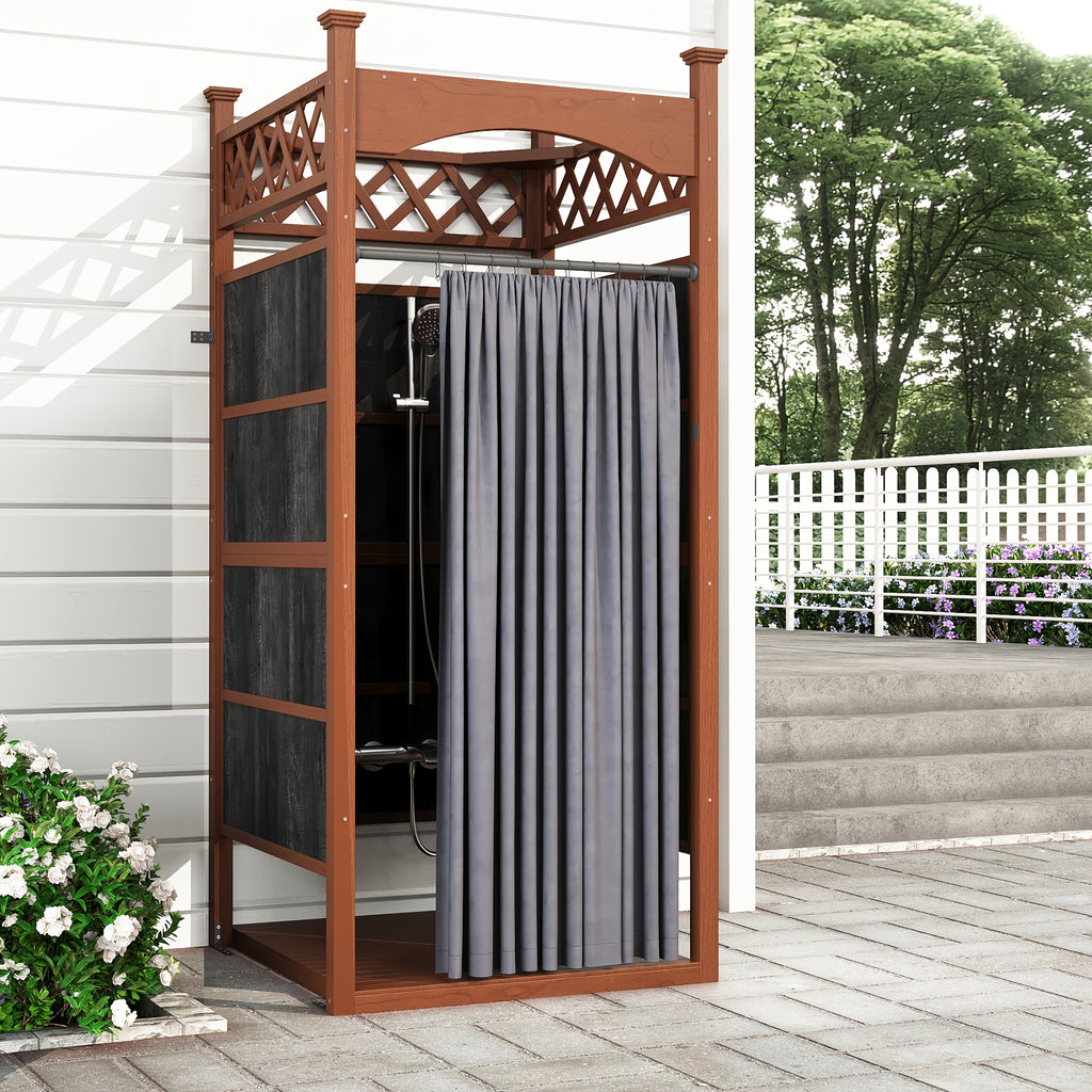 Outdoor shower with privacy curtain and privacy board - solid wood construction, suitable for poolside wash stations, changing rooms, beach showers and outdoor bathrooms - weatherproof wooden shower with privacy curtain