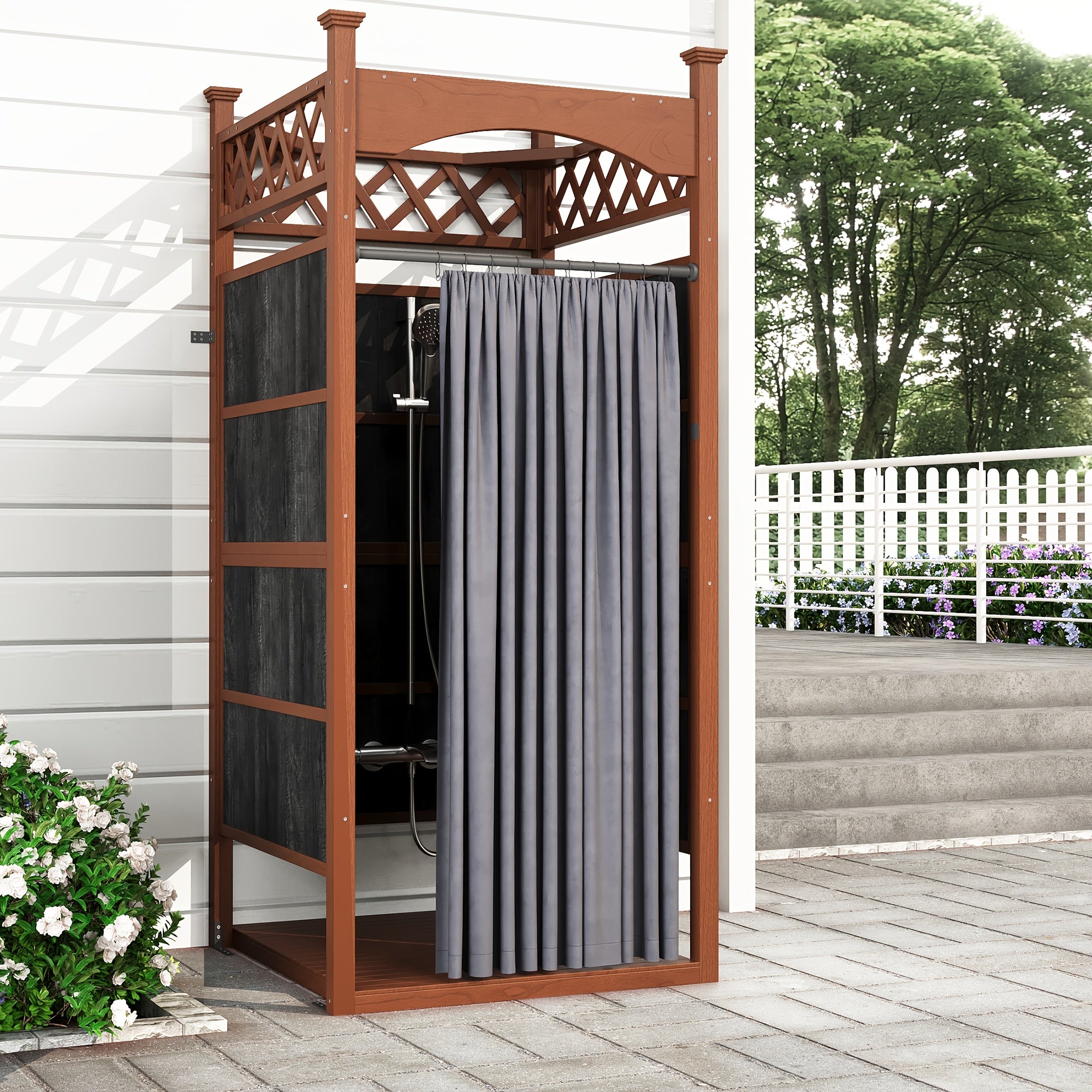 Outdoor shower with privacy curtain and privacy board - solid wood construction, suitable for poolside wash stations, changing rooms, beach showers and outdoor bathrooms - weatherproof wooden shower with privacy curtain